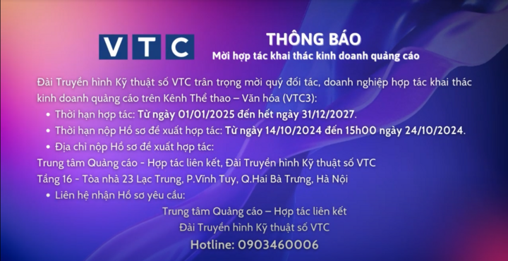 Mời hợp tác khai thác kinh doanh quảng cáo trên kênh VTC3