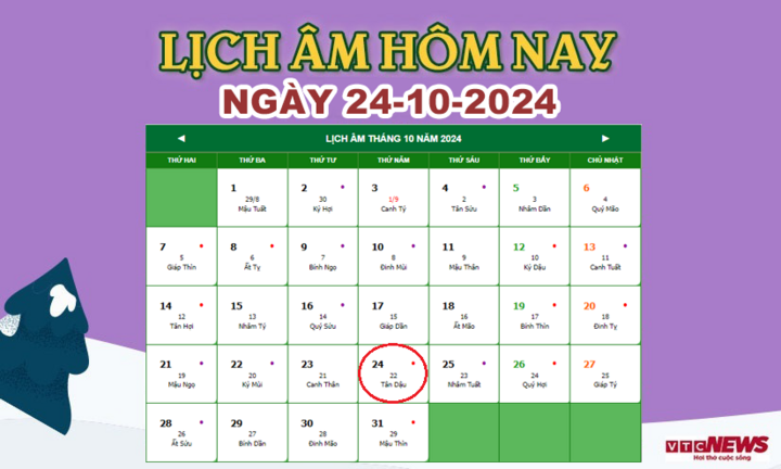 Lịch âm 24/10 - Âm lịch hôm nay 24/10 chính xác nhất - lịch vạn niên 24/10/2024