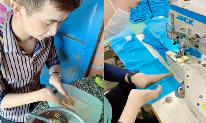 Chàng công nhân khuyết tật thoăn thoắt may, thêu, nấu nướng chỉ bằng 2 ngón tay