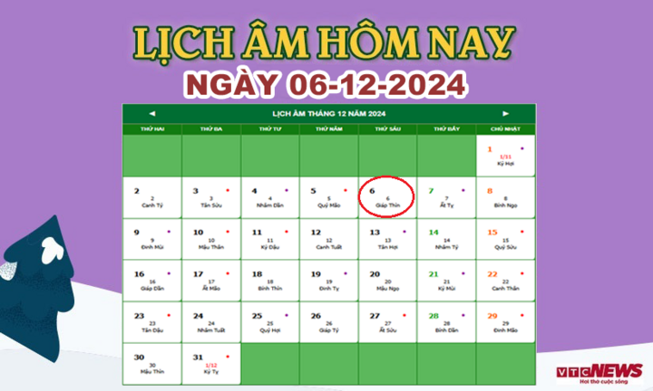 Lịch âm 6/12 - Âm lịch hôm nay 6/12 chính xác nhất - lịch vạn niên 6/12/2024