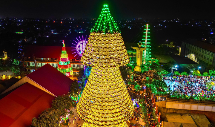 Ngắm cây thông Noel làm từ 3.800 nón lá rực sáng mùa Giáng sinh