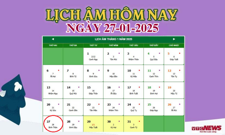 Lịch âm 27/1 - Âm lịch hôm nay 27/1 chính xác nhất - lịch vạn niên 27/1/2025