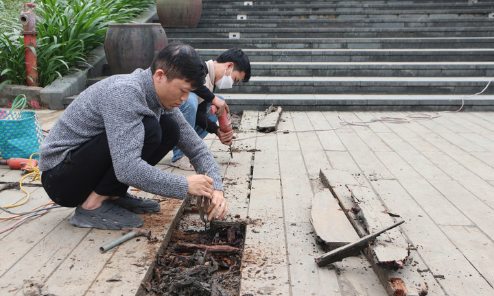 Công nhân khắc phục những vết mục nát trên cầu gỗ lim siêu sang ở Huế thế nào?