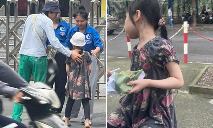 Em gái lớp 2 ngồi cổng trường thi đợi anh trai gây sốt mạng