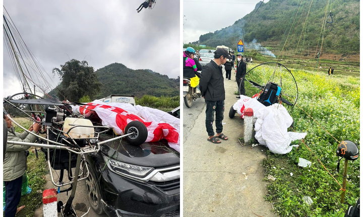 Dù lượn gặp sự cố tại Quản Bạ, rơi trúng ô tô làm vỡ kính chắn gió