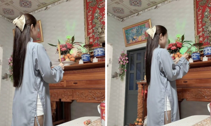 Tranh cãi gay gắt quanh bức ảnh cô gái mặc áo tràng, quần ngắn thắp hương