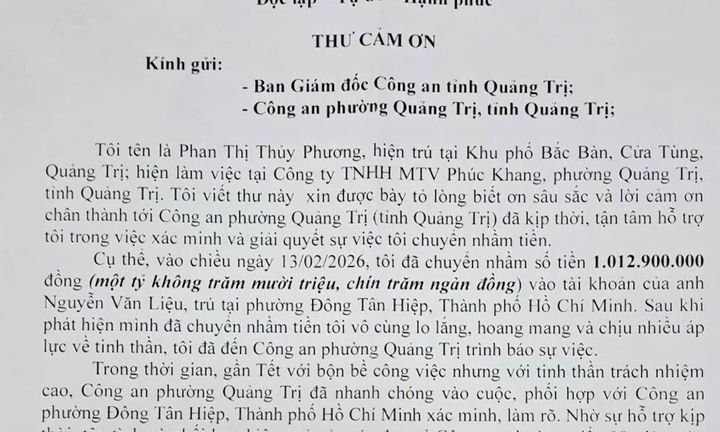 Chuyển nhầm hơn 1 tỷ đồng, người phụ nữ được công an hỗ trợ lấy lại sau chưa đầy 24 giờ