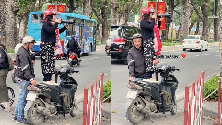 Clip cụ ông dựng xe máy giúp vợ chụp ảnh 'với cả bầu trời cưng chiều' gây sốt