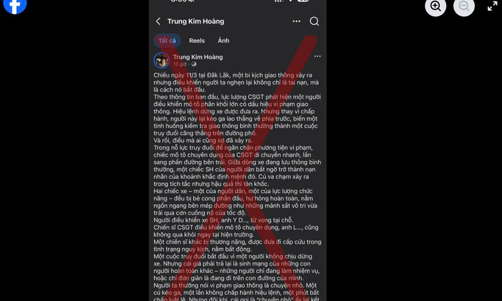 Thông tin CSGT tử vong khi truy đuổi xe vi phạm ở Đắk Lắk là tin giả