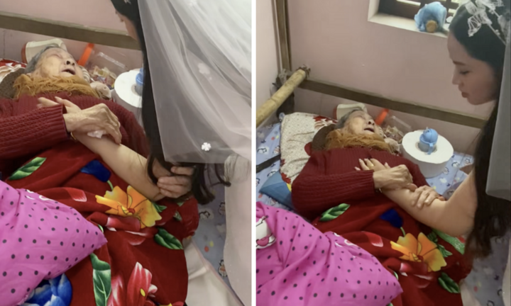 Nghẹn ngào khoảnh khắc bà nội 90 tuổi khóc khi nằm tiễn cháu gái về nhà chồng