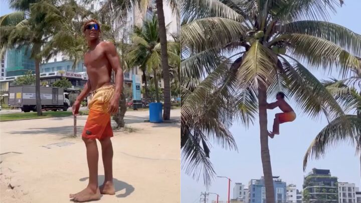 Chàng Tây du lịch Đà Nẵng hái dừa thoăn thoắt khiến dân mạng phục lăn