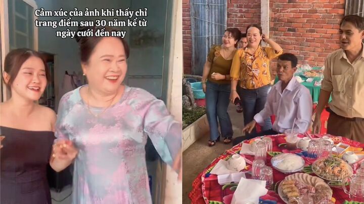Vẻ kinh ngạc của bố lần đầu thấy mẹ trang điểm sau 30 năm cưới gây xúc động