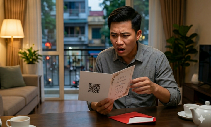 In QR ngân hàng lên thiệp cưới như nhắc khách không đi cũng nhớ chuyển khoản