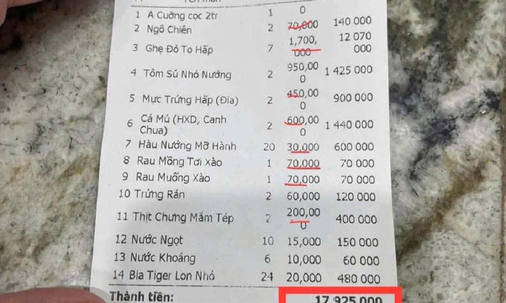 Xôn xao hóa đơn bữa ăn gần 18 triệu đồng, ghẹ đỏ 1,7 triệu đồng/kg ở Sầm Sơn