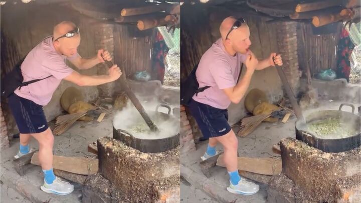 Khách Tây nấu cám lợn ở Hà Giang, vừa khuấy vừa nếm thử khiến dân mạng cười bò