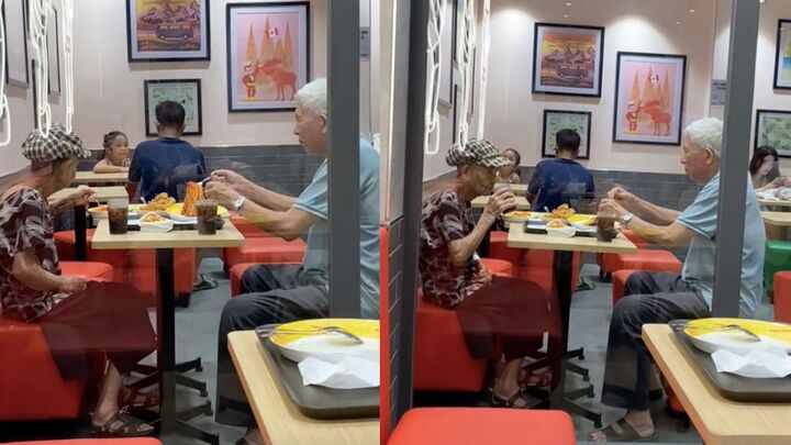 A video of an elderly man in his 90s taking his wife out for fried chicken and pasta has captivated young people.