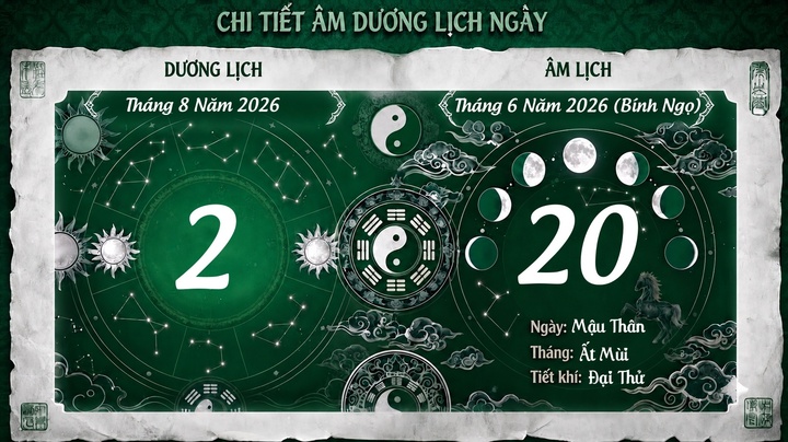 Lịch âm hôm nay 2/8, xem lịch âm Chủ nhật ngày 2/8/2026