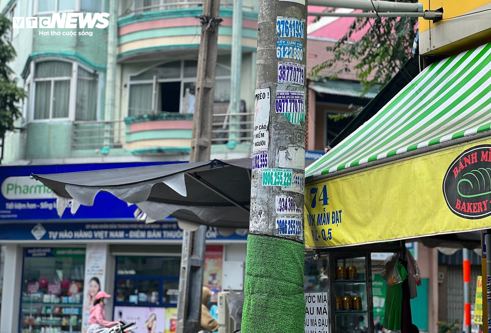 TP.HCM: Hơn 1.000 trụ điện quấn cỏ nhựa vẫn chi chít quảng cáo hút hầm cầu - 11