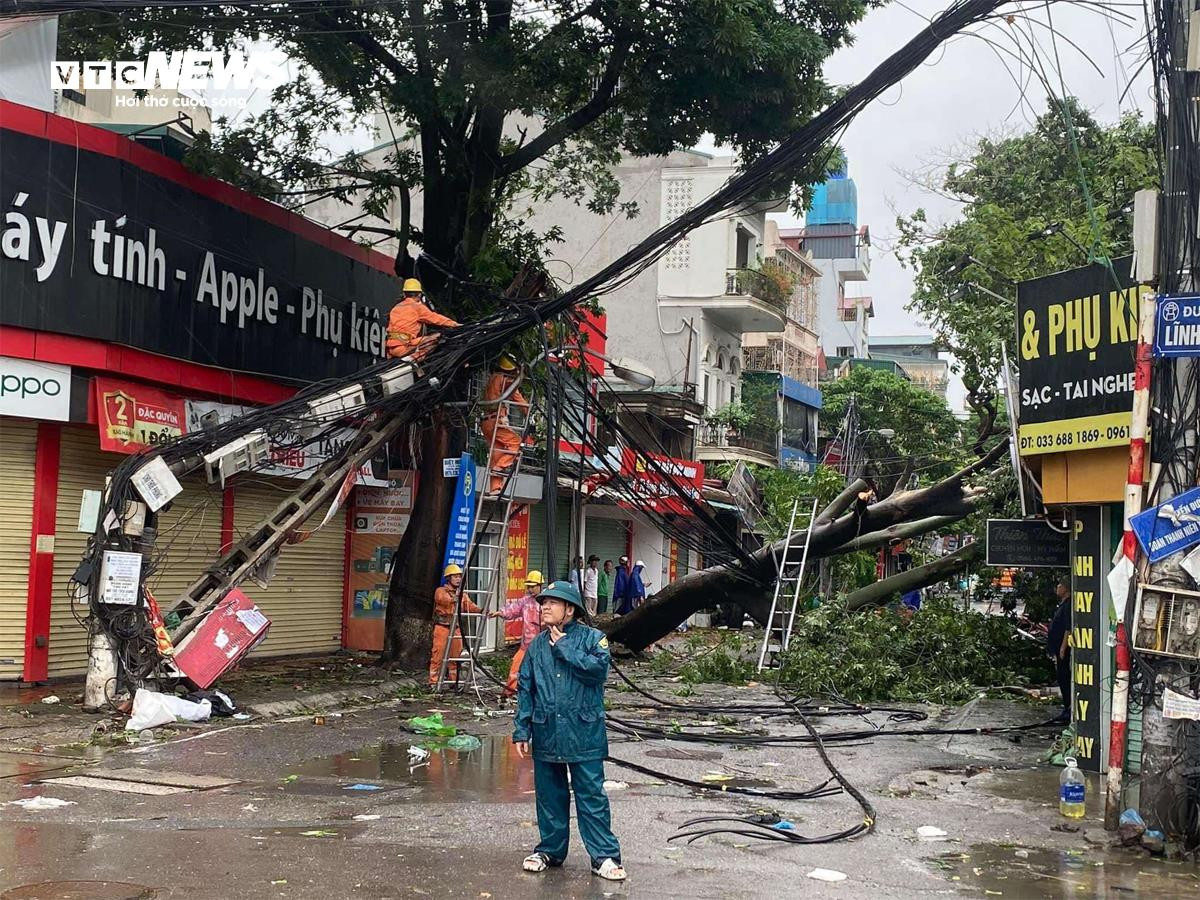 Ở phố Lĩnh Nam, quận Hoàng Mai, không chỉ các cây lớn mà cả cột điện cũng bị gãy đổ.