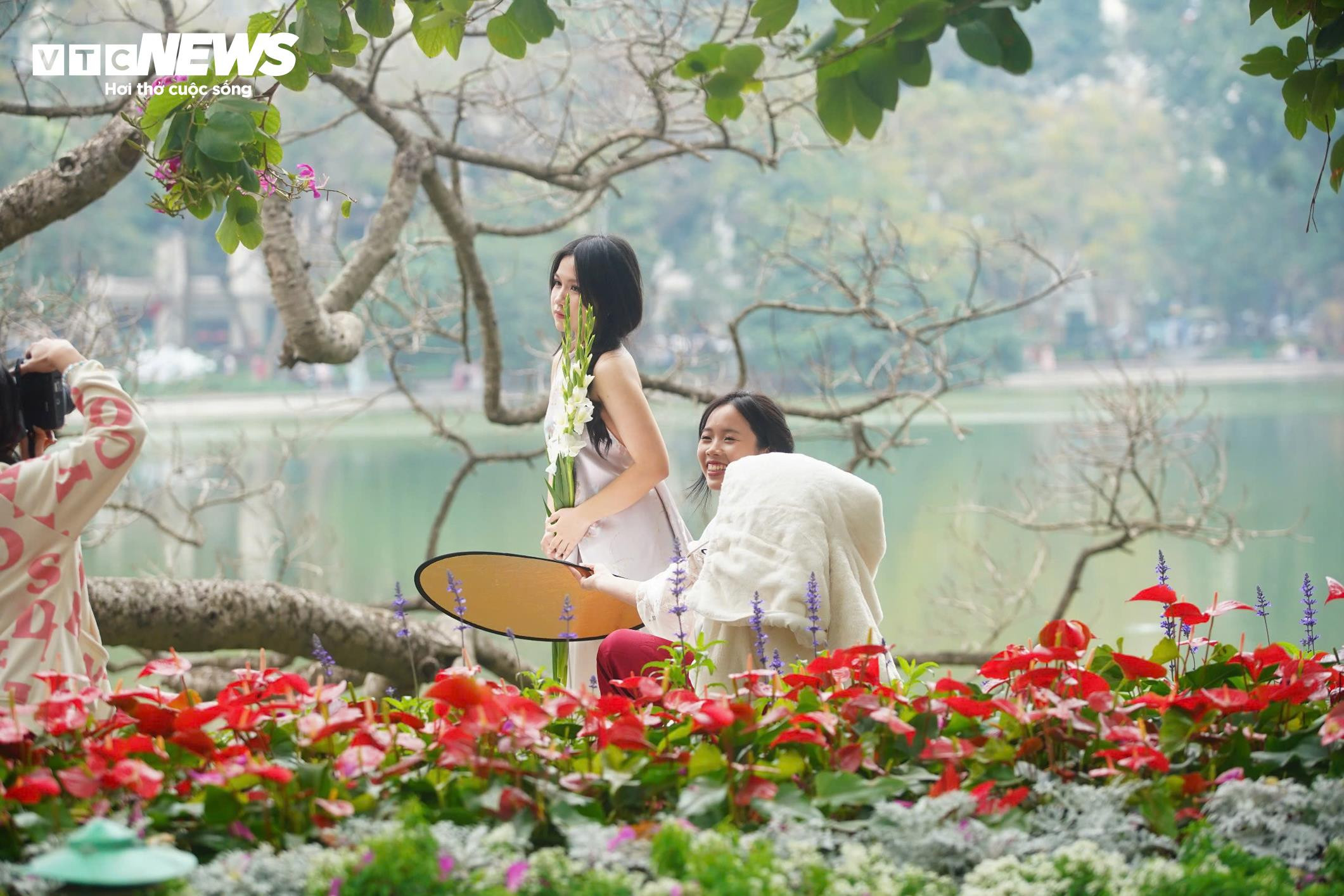 Thiếu nữ Hà Nội diện áo dài bên hoa đào, dạo hồ Gươm dịp cuối năm - 5