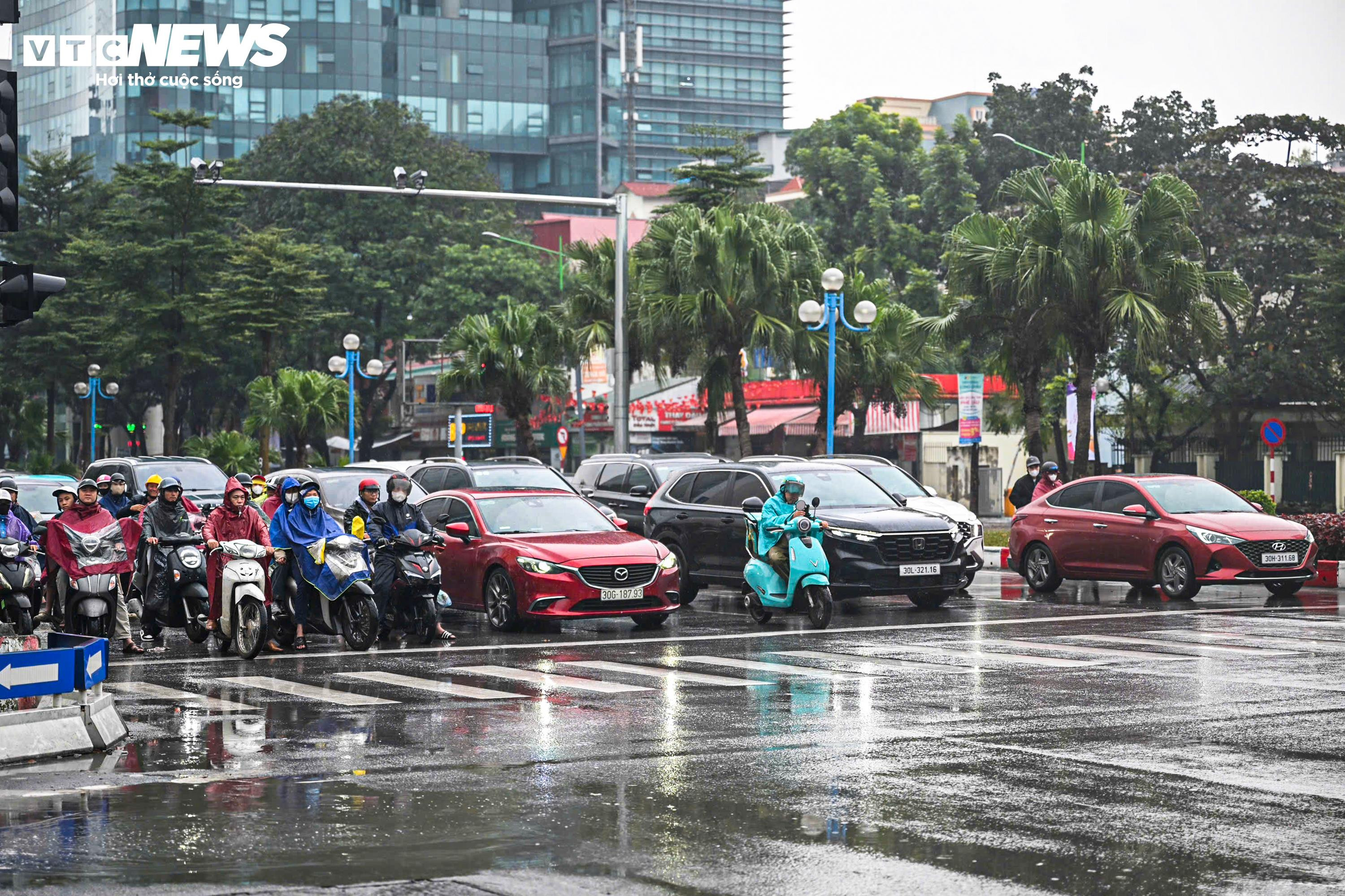 Ngày đầu vận hành camera AI, dân Hà Nội đội mưa rét dừng chờ đèn đỏ thẳng tắp - 1