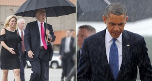 Ảnh đối lập Obama và Trump đi trong mưa gây sốt