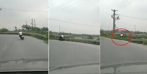 Xem xe máy ôm cua bất thành, phi thẳng xuống vườn chuối