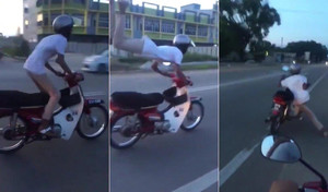 Thanh niên liều lĩnh làm xiếc trên xe máy và cái kết 'đắng lòng'