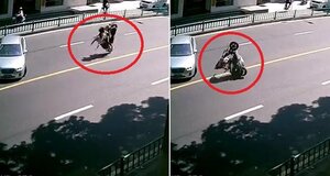 Xe máy chở ba người lộn nhào sau cú phanh gấp và cái kết bi hài