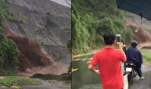 Đất đá đổ sầm sập vùi lấp quốc lộ, dân tranh thủ lấy điện thoại ghi hình sống ảo
