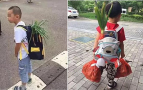 Cậu bé ở Trung Quốc đeo hành đi khai giảng