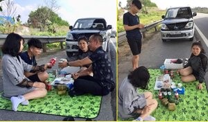 Dân mạng phẫn nộ với gia đình dừng xe, mở tiệc trên cao tốc Nội Bài - Lào Cai