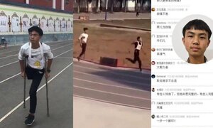 Xúc động hình ảnh nam sinh cụt một chân chống nạng thi chạy 1.000 mét
