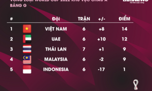 Bảng xếp hạng vòng loại World Cup 2022: Đội tuyển Việt Nam bỏ xa Thái Lan