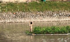 Cô gái mặc nội y bơi sông Hà Nội, leo lên bè thuỷ sinh tạo dáng chụp ảnh