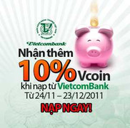 Nạp Vcoin qua thẻ Vietcombank để nhận 100% KM