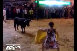 Một phụ nữ say xỉn, khiêu chiến với... bò tót