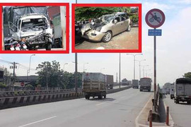 Xế hộp nát bươm giữa hai xe tải, 5 người bị thương