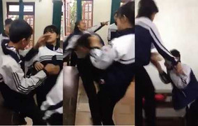 Clip: Nữ sinh túm tóc thúc gối vào mặt bạn trai cùng lớp