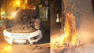 Audi Q5 tông gốc cây xà cừ, lật ngửa trong đêm