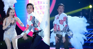 Hoài Linh đeo lông vũ lắc hông theo nhạc Hà Hồ