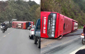 Xe khách mất phanh, tài xế nhanh trí cho xe cà vào vách núi