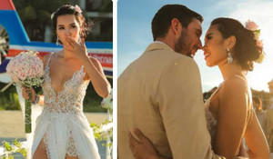 Siêu mẫu Hà Anh ngồi trực thăng tới lễ thành hôn