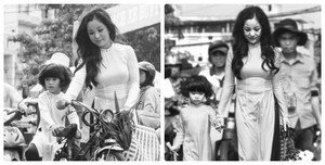 Danh hài Thúy Nga và con gái diện áo dài xưa gây ấn tượng