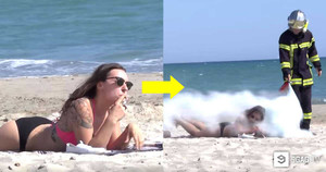 'Lính cứu hỏa' xách bình chữa cháy phun xối xả vào người hút thuốc nơi công cộng