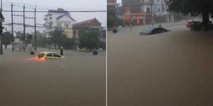 Clip: Ôtô ngụp lặn giữa biển nước sau trận mưa lớn ở Quảng Bình