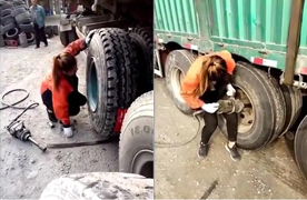 Cô gái xinh đẹp thay lốp xe tải thoăn thoắt khiến cánh mày râu 'lác mắt'