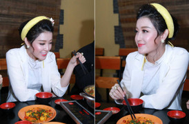 Á hậu Huyền My mặc áo dài đi ăn đêm gây chú ý