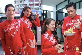 Trường Giang - Nhã Phương mặc áo dài đôi, âu yếm tình tứ trong hậu trường