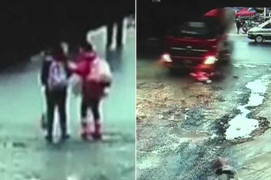 Đứng tim khoảnh khắc xe tải lao như điên, suýt 'nuốt' 2 bé gái vào gầm